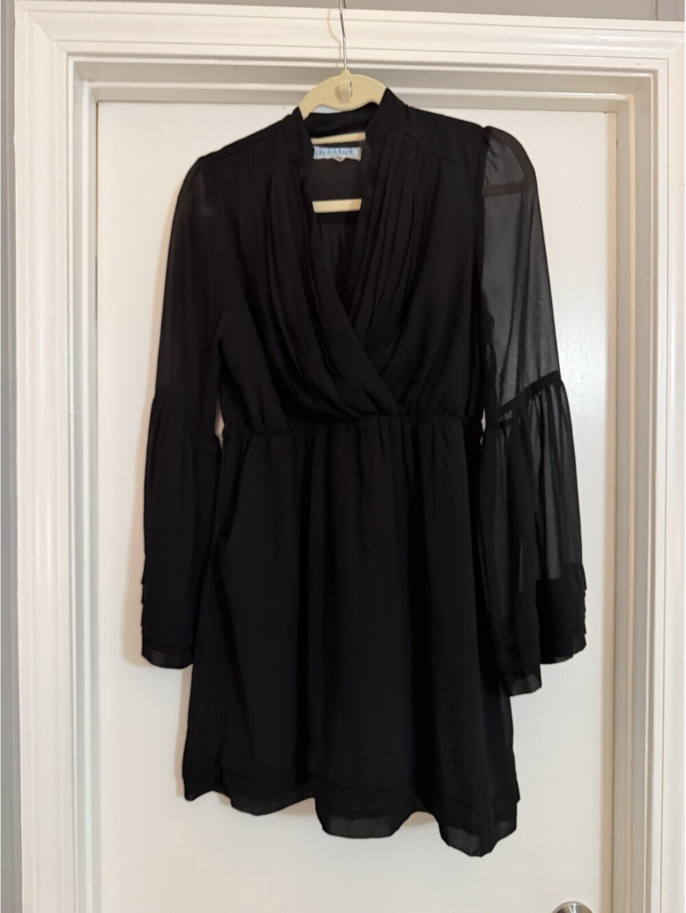 Sketchbook Black Chiffon Mini Dress Surprise Wrap V-Neck Pleated Mock Collar